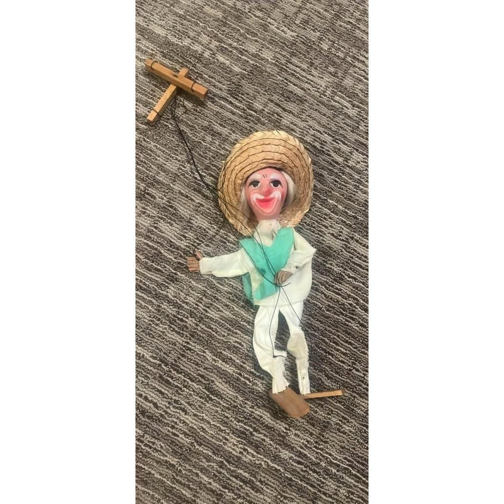 Vintage Mexican Marionette Puppet Sombrero Folk Art String Toy Hand Painted